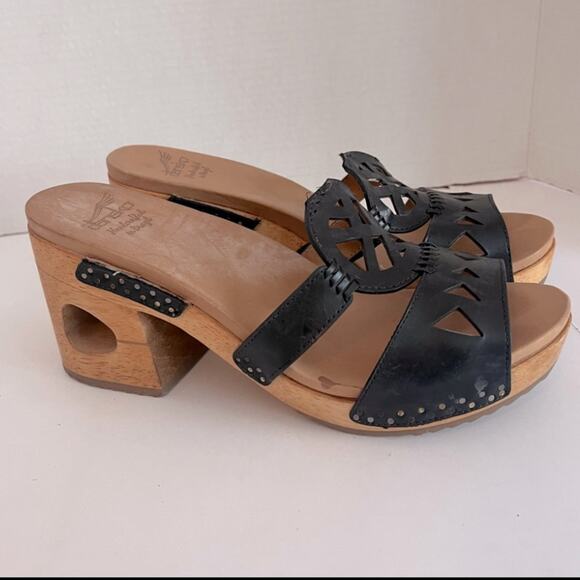 Dansko Oralee Wooden Heel Platform Sandal Womens 11 Black Leather Slide Open Toe - Picture 8 of 12